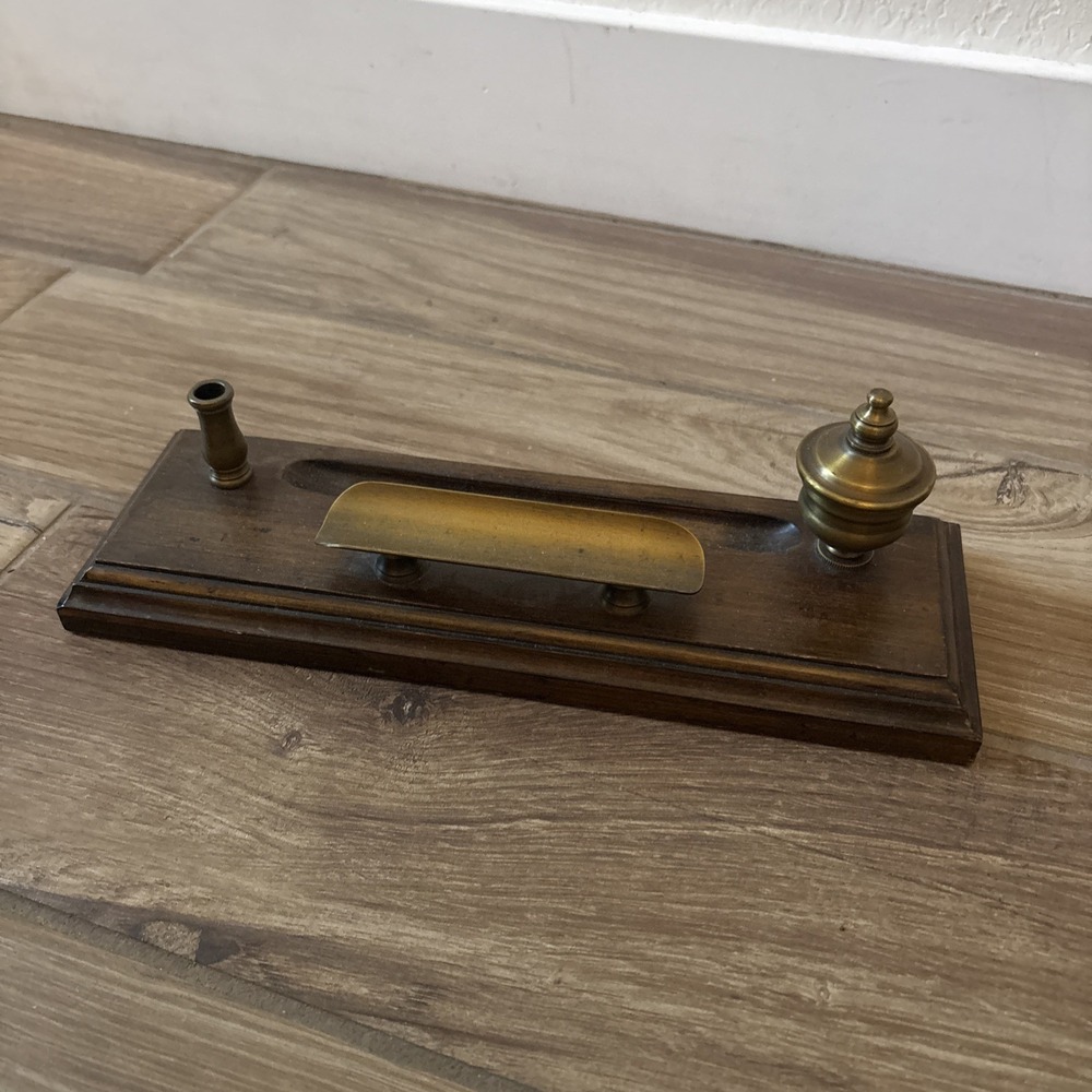 Vintage Brass Wood Inkwell Pen Rest Desk Organizer 12 Inch Collectible